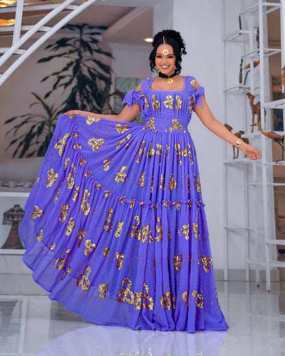 Purple Habesha Chiffon with Long Sleeves – Cotton kemis Cuffs for Church