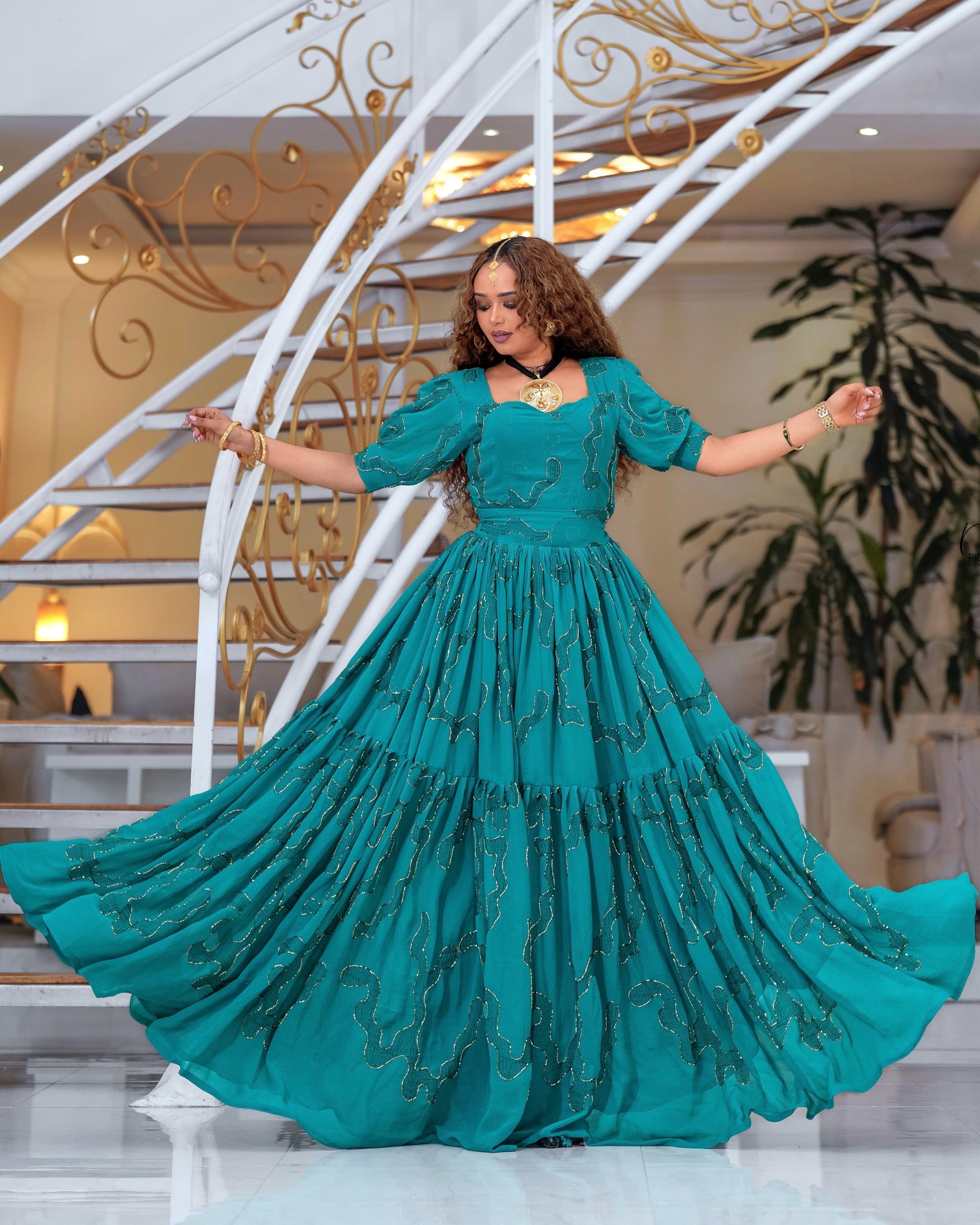 Green Habesha chiffon Embroidery Design for Formal Gatherings - Ethiopian Traditional Wear