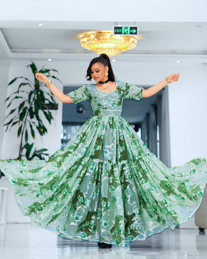 Green Chiffon Habesha - Chiffon Menen Cotton Weave for Diaspora Occasions