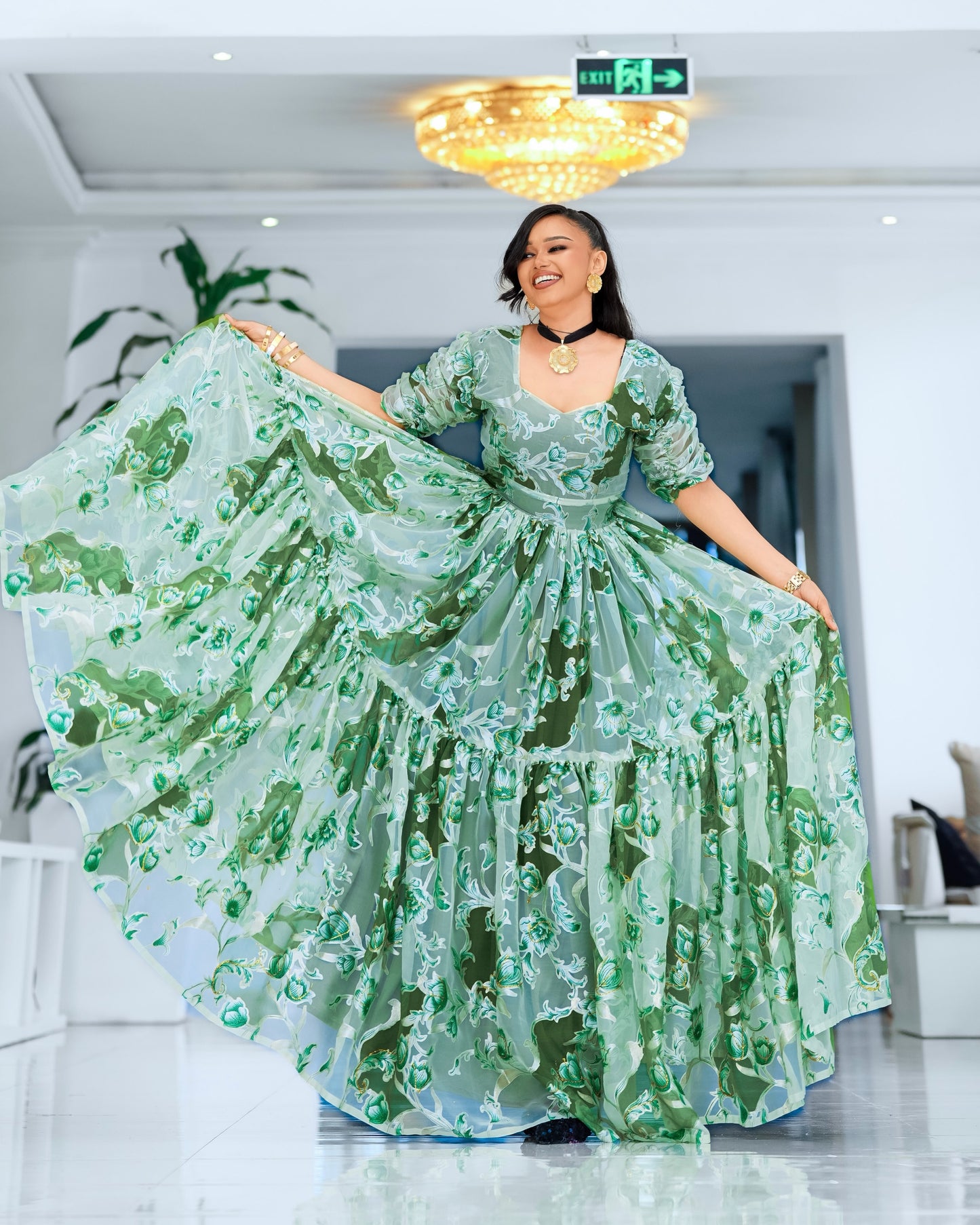 Green Chiffon Habesha - Chiffon Menen Cotton Weave for Diaspora Occasions