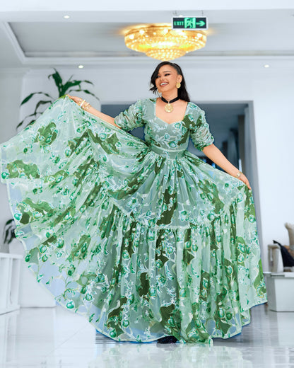 Green Chiffon Habesha - Chiffon Menen Cotton Weave for Diaspora Occasions