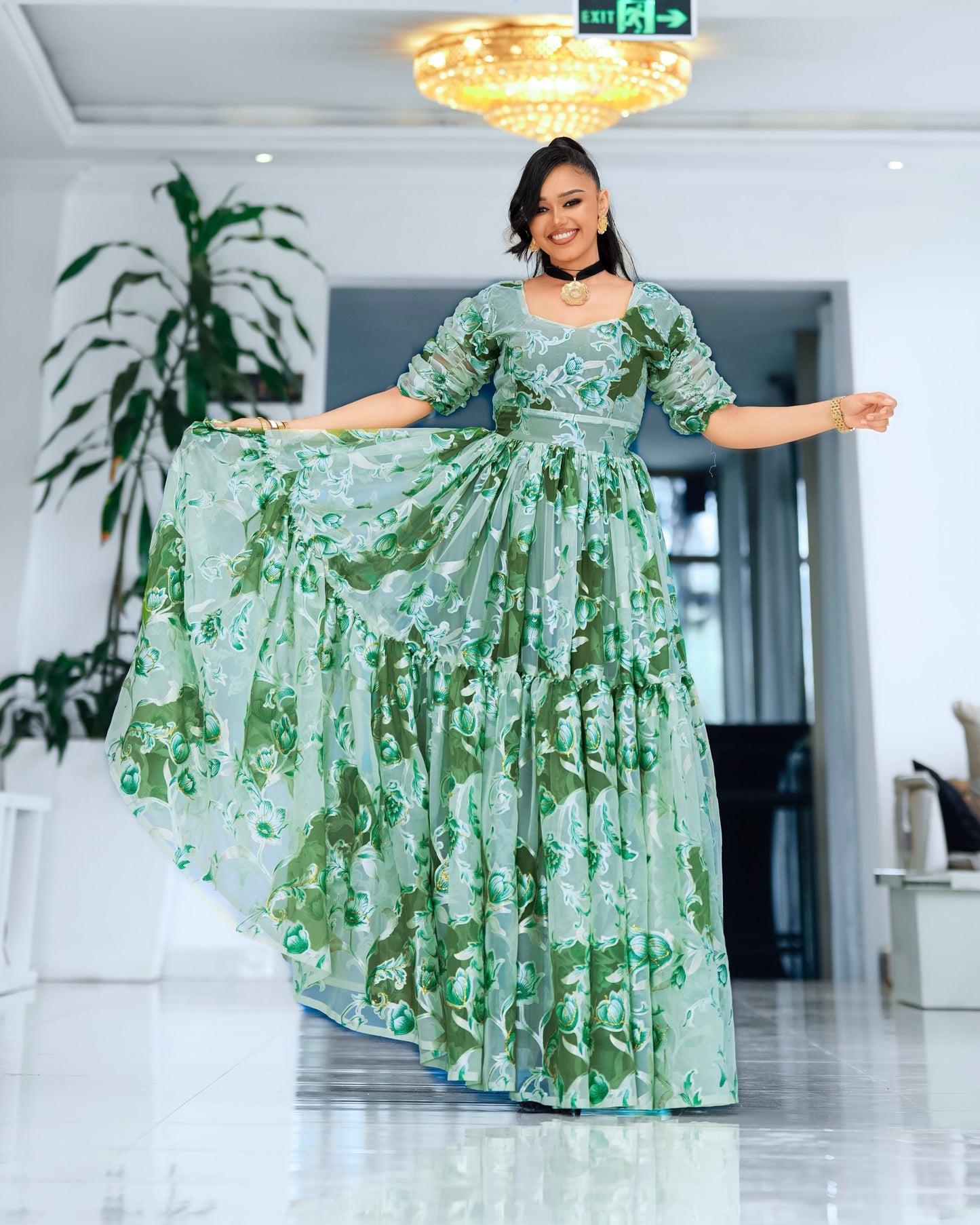Green Chiffon Habesha - Chiffon Menen Cotton Weave for Diaspora Occasions