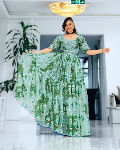 Green Chiffon Habesha - Chiffon Menen Cotton Weave for Diaspora Occasions