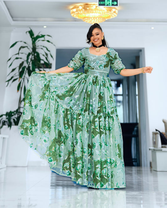 Green Chiffon Habesha - Chiffon Menen Cotton Weave for Diaspora Occasions