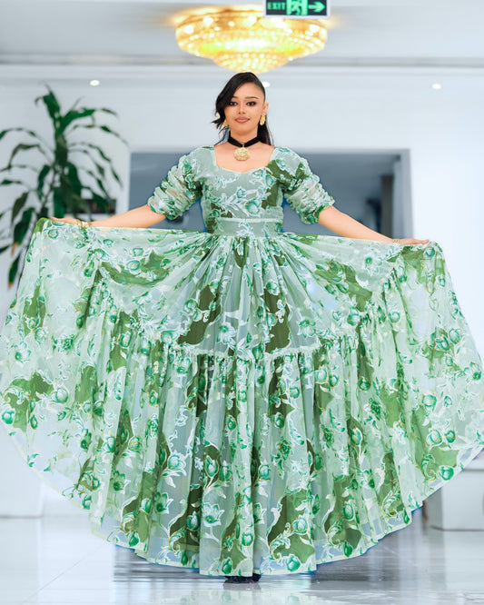 Green Chiffon Habesha - Chiffon Menen Cotton Weave for Diaspora Occasions