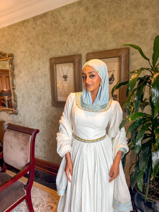 Cobalt Blue cotton Habesha kemis with gold tilf embroidery for Eid celebrations