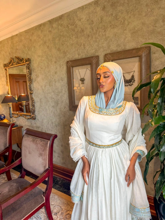 Cobalt Blue cotton Habesha kemis with gold tilf embroidery for Eid celebrations