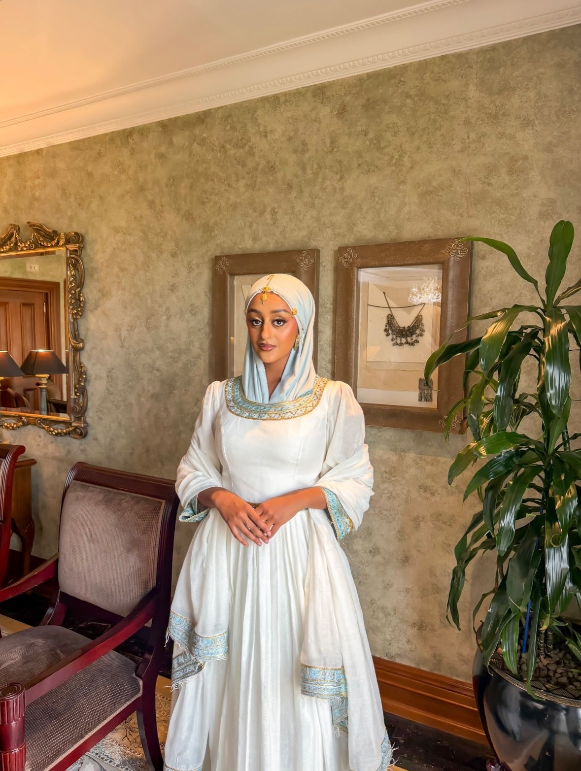 Cobalt Blue cotton Habesha kemis with gold tilf embroidery for Eid celebrations