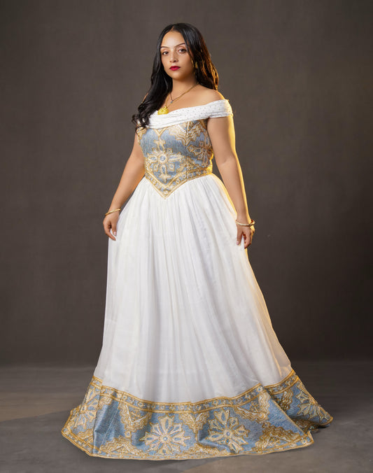 Women's blue Modern Cotton Habesha Zuria for Genna | Traditional Ethiopian Dress with Tibeb Border