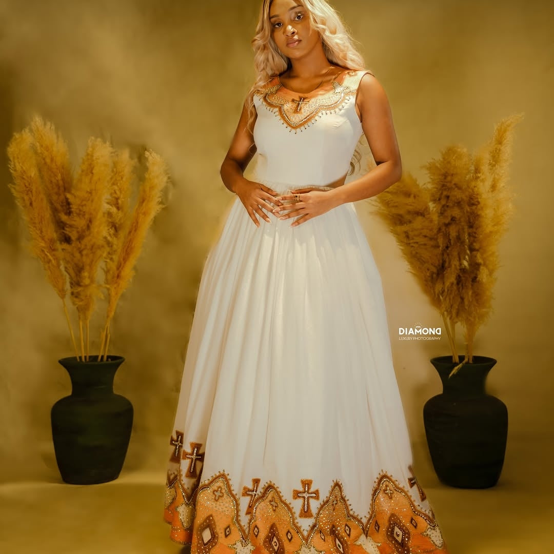 Luxury Gold Ethiopian Sleeveless Habesha Dress – Elegant Traditional Kemis for Weddings & Melse