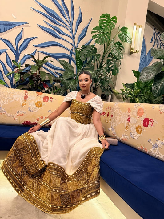 Premium Gold Habesha Dress – Refined Ethiopian Outfit for Weddings and Grand Occasions