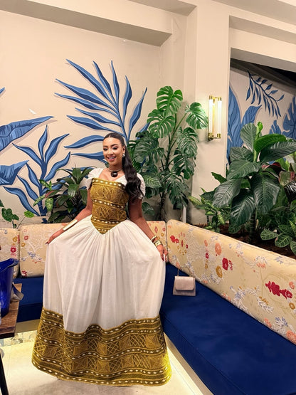 Premium Gold Habesha Dress – Refined Ethiopian Outfit for Weddings and Grand Occasions