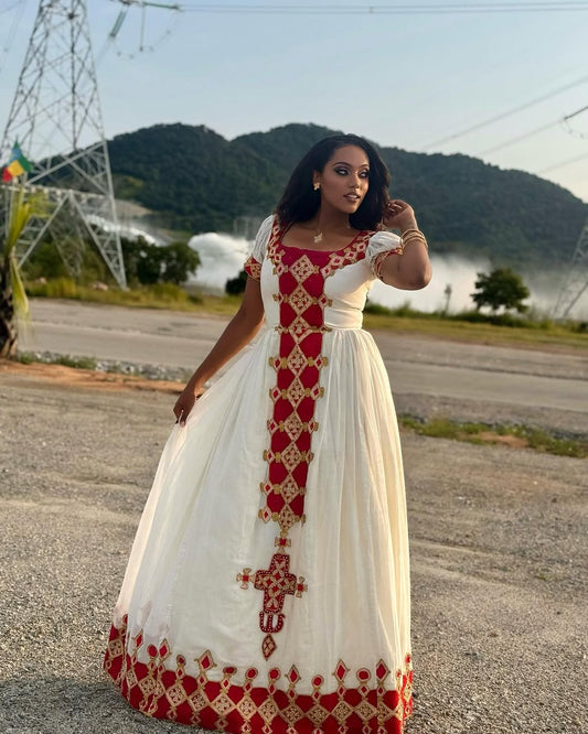 ሀገር ባህል ልብስ | ነጭ ሐበሻ ልብስ በቀይ ጥልፍ የተዋበ