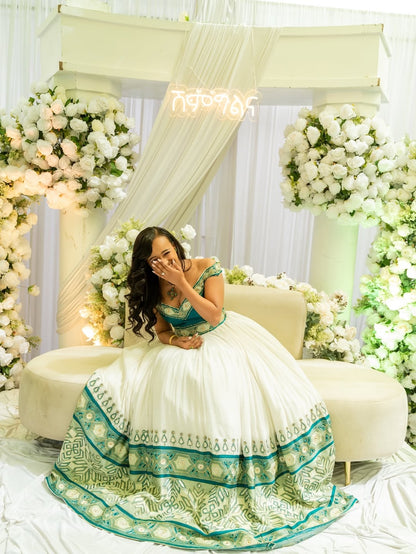 Green Habesha Wedding Kemis – Traditional Ethiopian Bridal Dress for Elegant Cultural Ceremonies(shipping price)