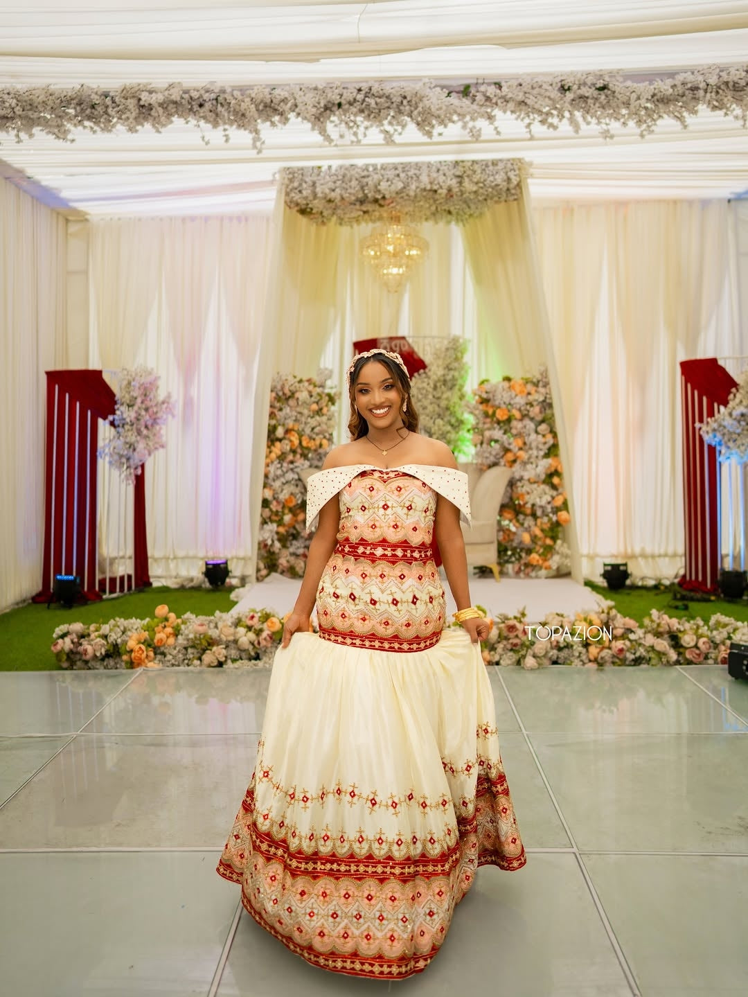 Regal Cream & Red Ethiopian Wedding Dress | Traditional Habesha Bridal Kemis