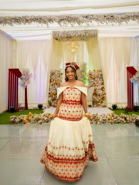 Regal Cream & Red Ethiopian Wedding Dress | Traditional Habesha Bridal Kemis