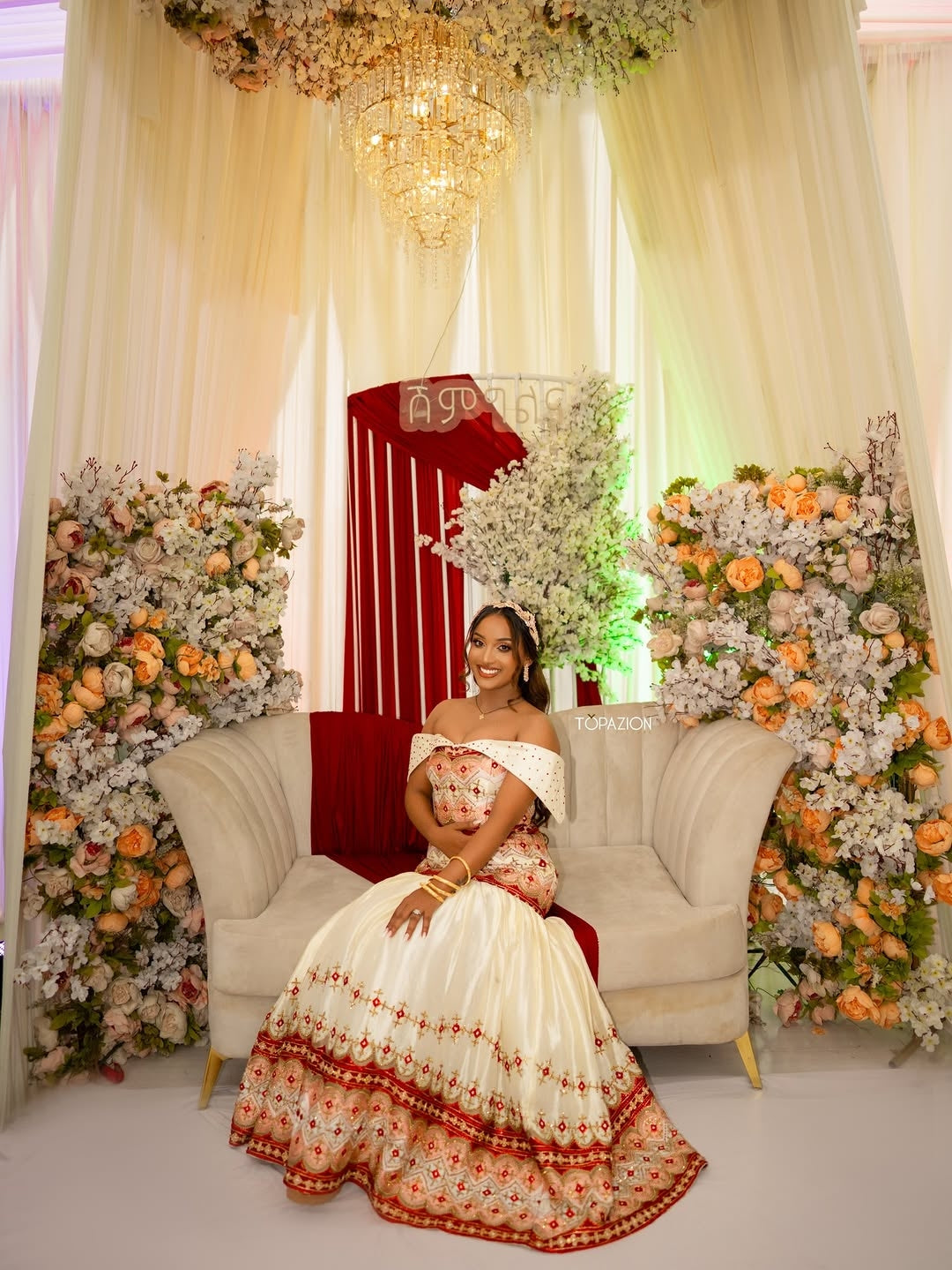 Regal Cream & Red Ethiopian Wedding Dress | Traditional Habesha Bridal Kemis