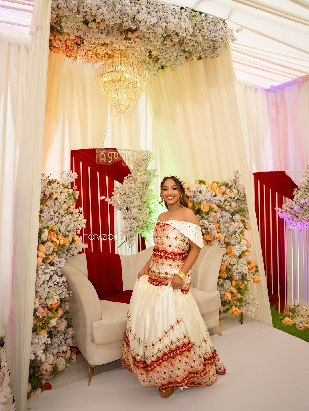 Regal Cream & Red Ethiopian Wedding Dress | Traditional Habesha Bridal Kemis