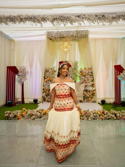 Regal Cream & Red Ethiopian Wedding Dress | Traditional Habesha Bridal Kemis