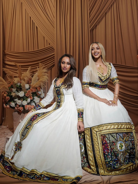 Gold Habesha Kemis by Enku Design – Handwoven Ethiopian Bridal Wear