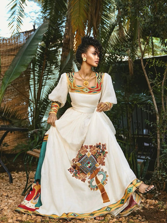 Gold Ethiopian Kemis – Luxury Traditional Habesha Dress for Weddings and Grand Celebrations