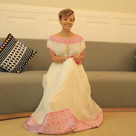 Women’s Pink Menabent Cotton Habesha Zuria | Two-Piece Ethiopian Zuria with Tibeb Border