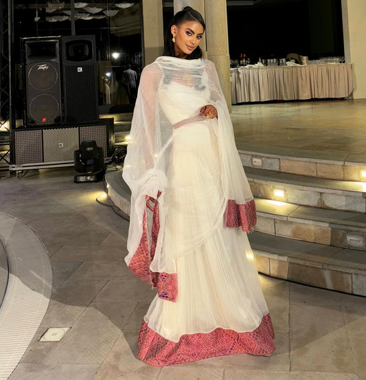 Women's Red Handwoven Cotton Habesha Kemis for Wedding | Custom Ethiopian Bridal Zuria