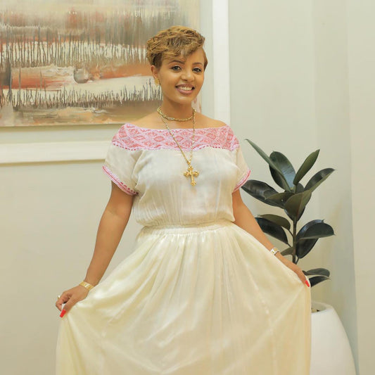 Women’s Pink Menabent Cotton Habesha Zuria | Two-Piece Ethiopian Zuria with Tibeb Border