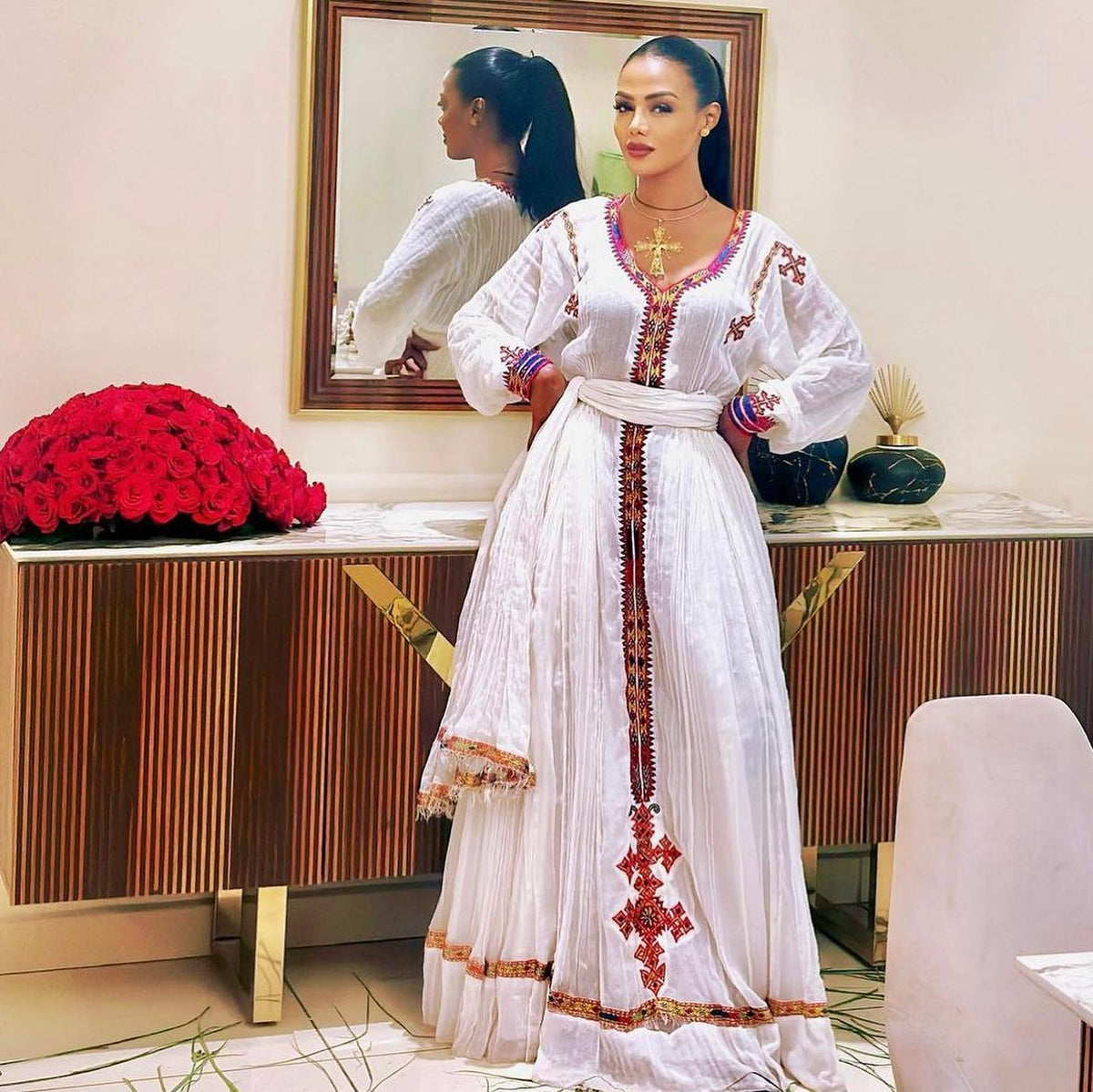 Women's Red Handwoven Cotton Habesha Zuria for Cultural Events | Modern Cultural Evening Wear