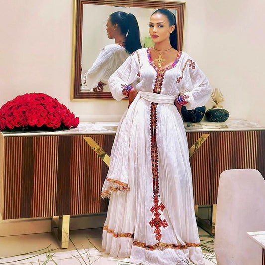 Women's Red Handwoven Cotton Habesha Zuria for Cultural Events | Modern Cultural Evening Wear