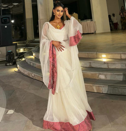 Women's Red Handwoven Cotton Habesha Kemis for Wedding | Custom Ethiopian Bridal Zuria