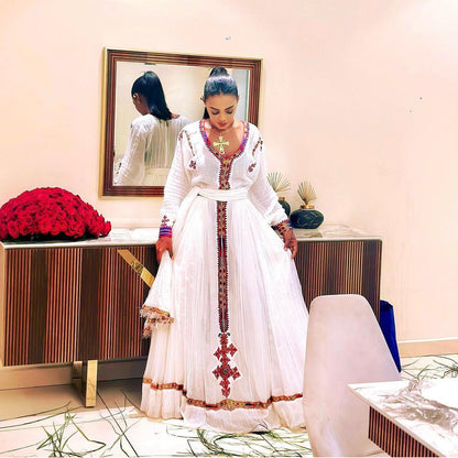 Women's Red Handwoven Cotton Habesha Zuria for Cultural Events | Modern Cultural Evening Wear