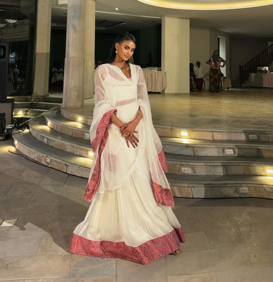 Women's Red Handwoven Cotton Habesha Kemis for Wedding | Custom Ethiopian Bridal Zuria