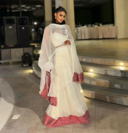 Women's Red Handwoven Cotton Habesha Kemis for Wedding | Custom Ethiopian Bridal Zuria