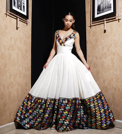 Classic Habesha Kemis – Handwoven Ethiopian Traditional Dress with Detailed Tilf Embroidery Design