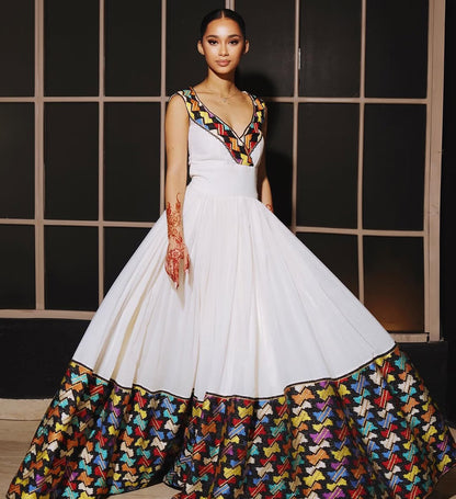 Classic Habesha Kemis – Handwoven Ethiopian Traditional Dress with Detailed Tilf Embroidery Design