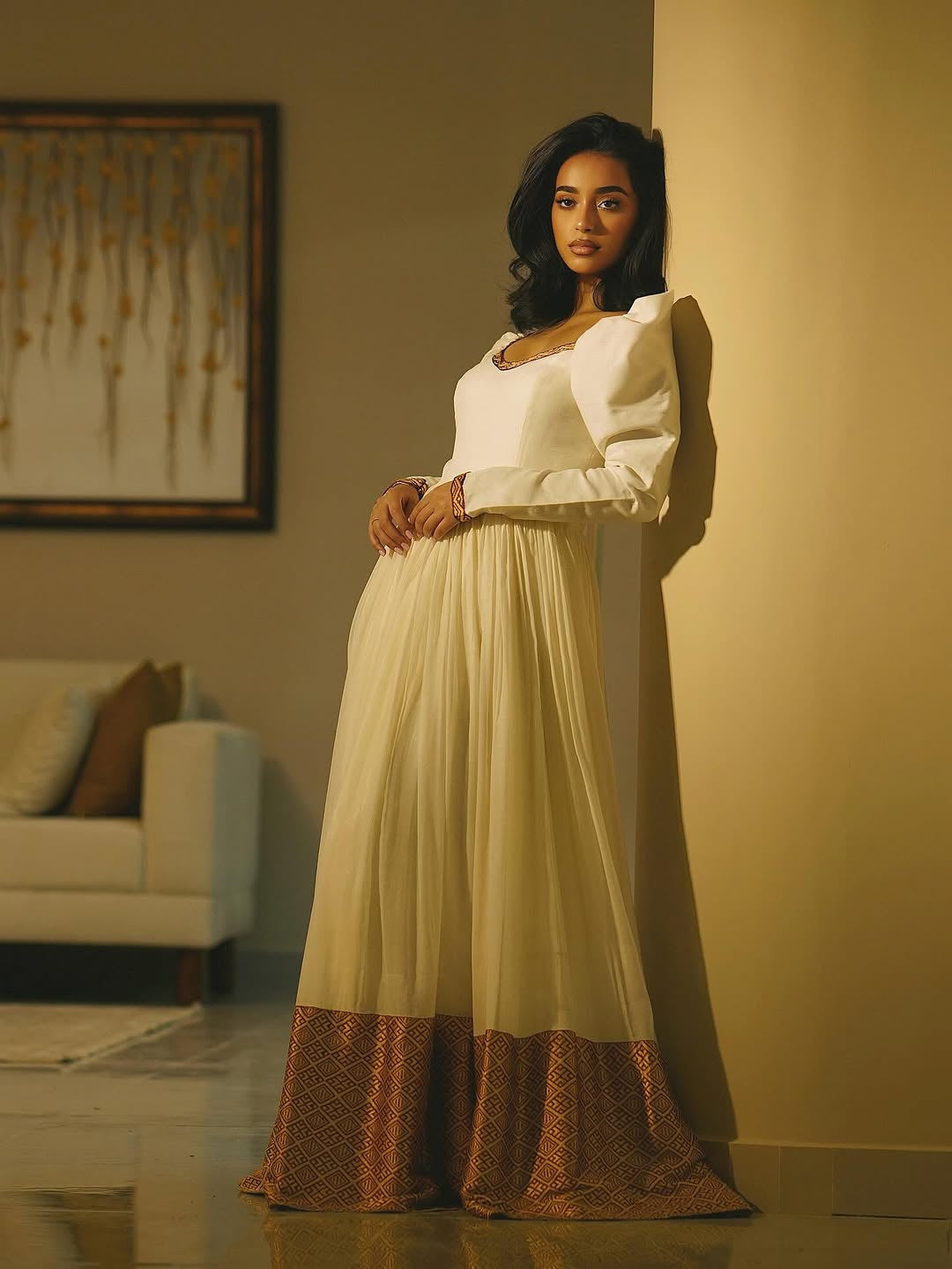 Classic Habesha Kemis – Off-White with Gold Ethiopian Dress with Tilf Hemline