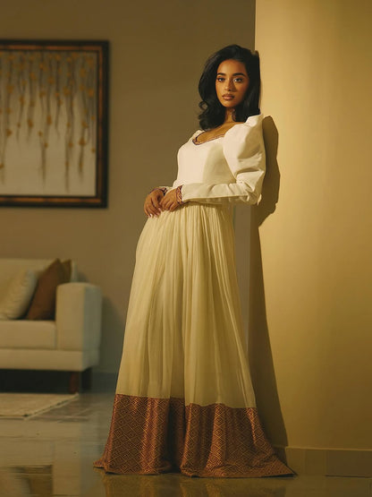 Classic Habesha Kemis – Off-White with Gold Ethiopian Dress with Tilf Hemline