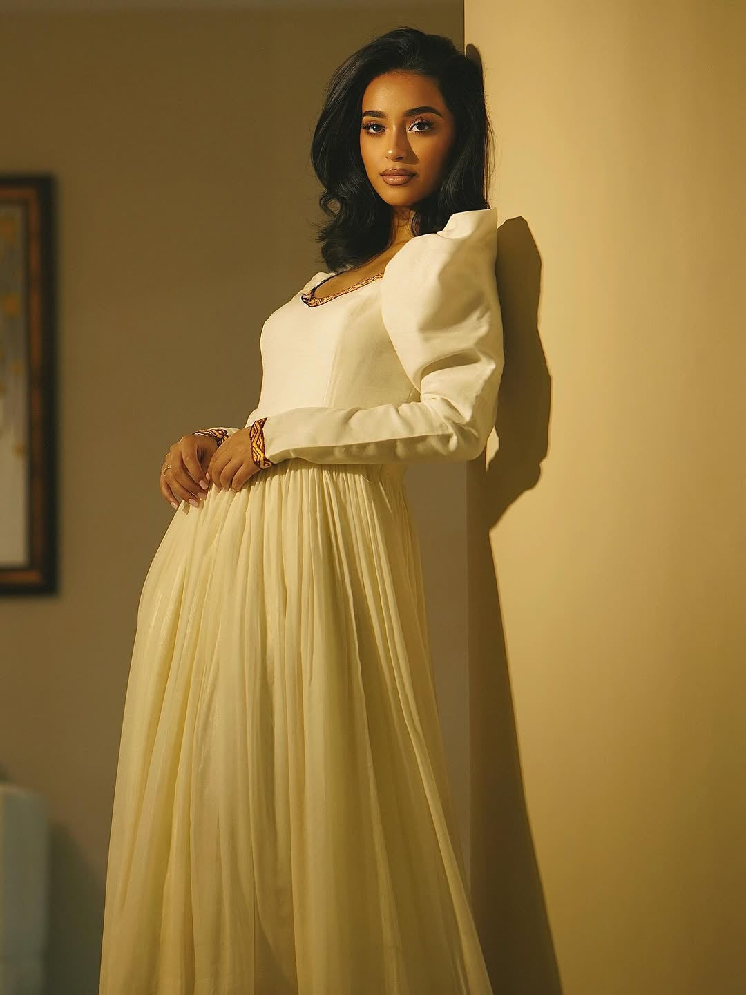 Classic Habesha Kemis – Off-White with Gold Ethiopian Dress with Tilf Hemline