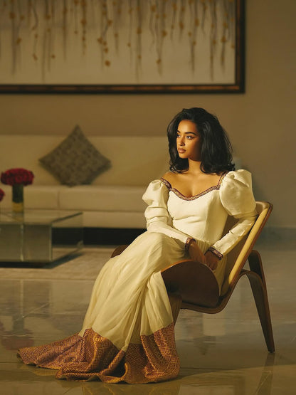 Classic Habesha Kemis – Off-White with Gold Ethiopian Dress with Tilf Hemline