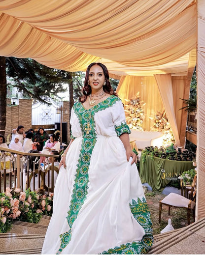 Emerald Green Habesha Kemis – Luxury Tilf Ethiopian Traditional Dress for Shemgelena