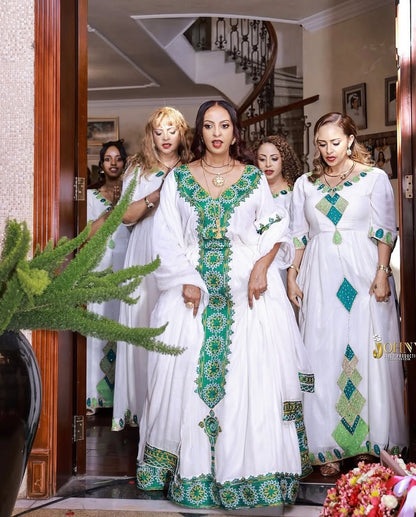Emerald Green Habesha Kemis – Luxury Tilf Ethiopian Traditional Dress for Shemgelena