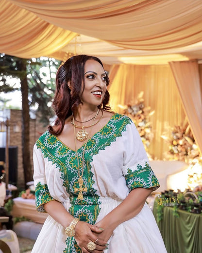 Emerald Green Habesha Kemis – Luxury Tilf Ethiopian Traditional Dress for Shemgelena
