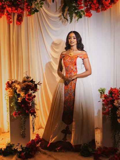 Red Tilf Modern Habesha Kemis – Ethiopian Dress with Detailed Borders