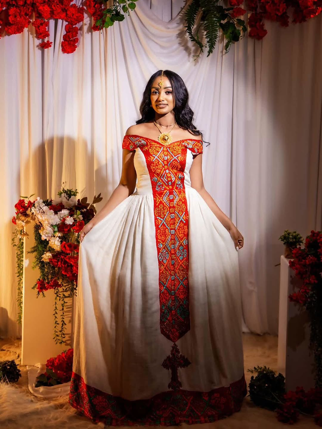 Red Tilf Modern Habesha Kemis – Ethiopian Dress with Detailed Borders