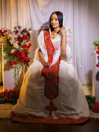 Red Tilf Modern Habesha Kemis – Ethiopian Dress with Detailed Borders