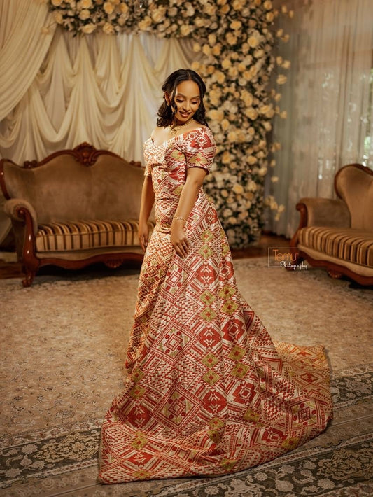 Luxury Habesha Kemis – Full Geometric Red & White Ethiopian Engagement Dress