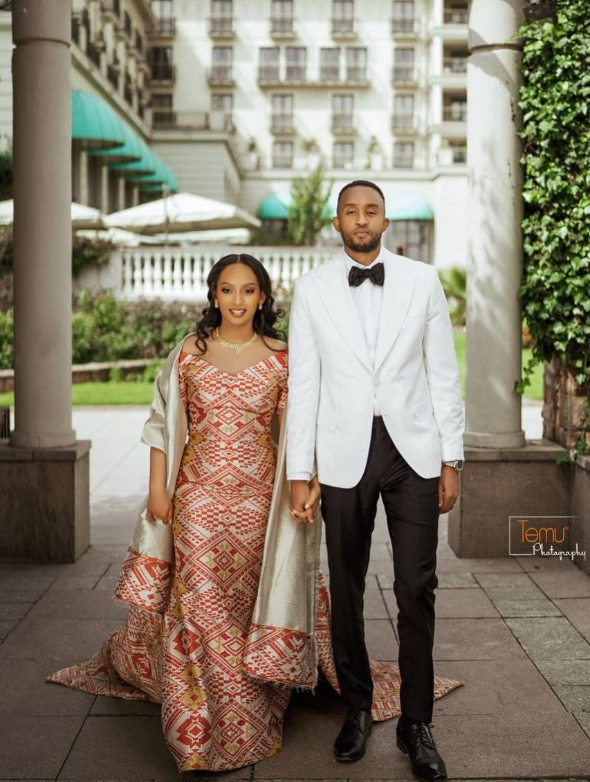 Luxury Habesha Kemis – Full Geometric Red & White Ethiopian Engagement Dress