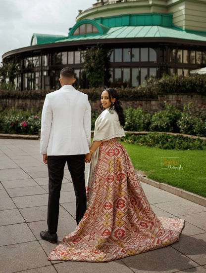 Luxury Habesha Kemis – Full Geometric Red & White Ethiopian Engagement Dress