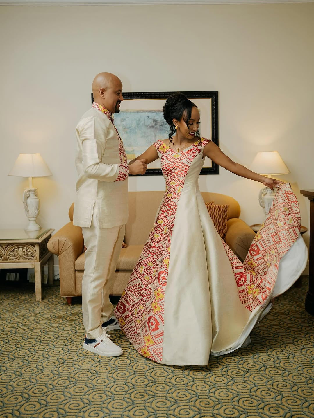 Luxury Habesha Wedding Set with Kaba – Bride & Groom Matching Kemis, Suit & Kaba by Tsehaye Mehari